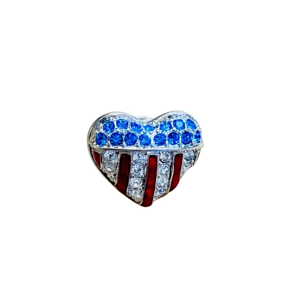 Swarovski Heart Pin Brooch USA American Flag Swan Signed Crystal Blue Red Silver